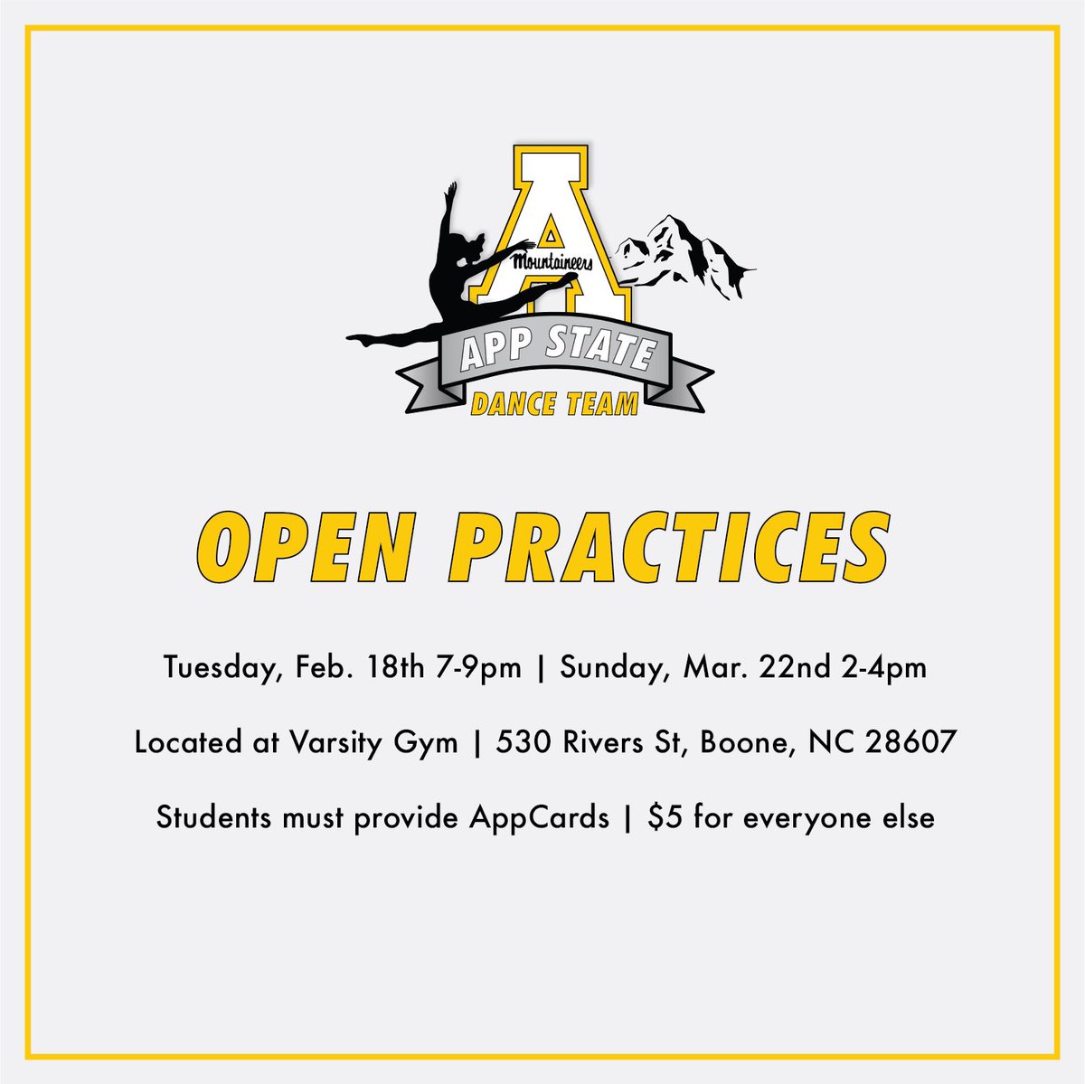Join us at our two open practices to see what dance team is all about and what to expect at tryouts! Feel free to DM us with any questions you may have. We’re so excited to meet you! ✨