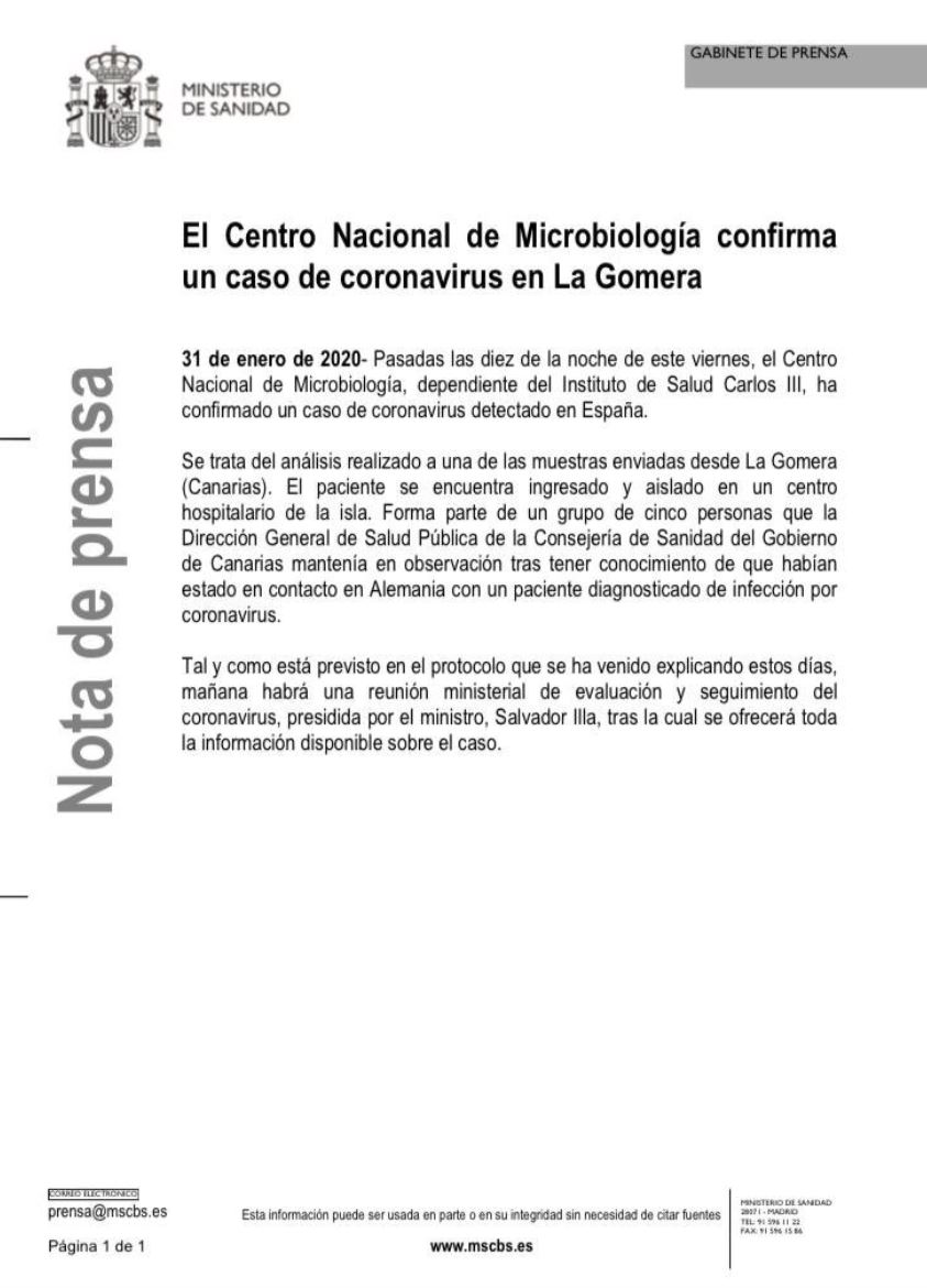 El Ministerio de Sanidad <a href="/sanidadgob/">Ministerio de Sanidad</a> 
ha confirmado que uno de los turistas alemanes que viajaron a La Gomera da positivo en #coronarvirus.