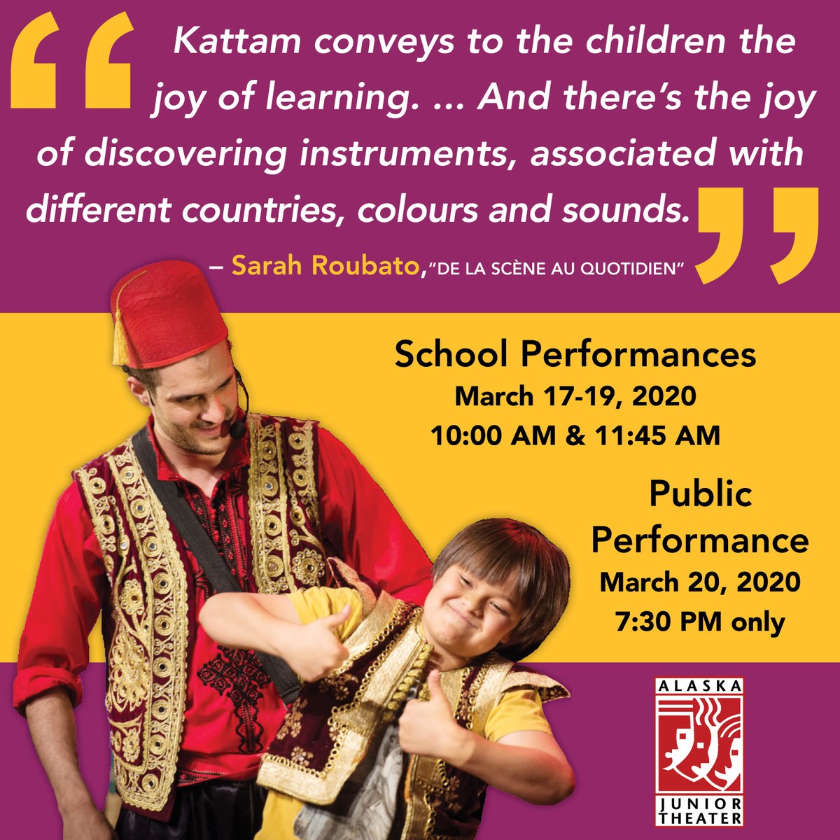 Who's ready to move it, move it?! You won't want to miss Kattam and his Tam-Tams and their music from all over the world! Click here bit.ly/2TYgfBn to buy your ticket or call 263-ARTS.

#AlaskaJuniorTheater #Alaska #Anchorage #thingstodoinalaska