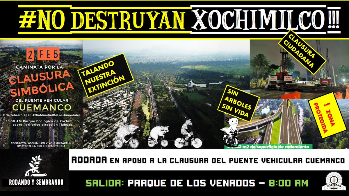 Este domingo salimos en RODADA en apoyo a los Humedales #CLAUSURASIMBÓLICA del “Puente vehícular Cuemanco”

📌2 de Febrero
🚴🏻‍♀️🚴🏽‍♂️🚴🏻‍♀️🚴🏽‍♂️🚴🏽‍♂️🚴🏻‍♀️🚴🏽‍♂️🚴🏻‍♀️🚴🏻‍♀️
Salida: Parque de los Venados 🦌
⏰8am
¡¡¡Defiende la vida 🌳🌏🍃💧!!!
#DiaMundialDeLosHumedales
#SinArbolesNoHayV