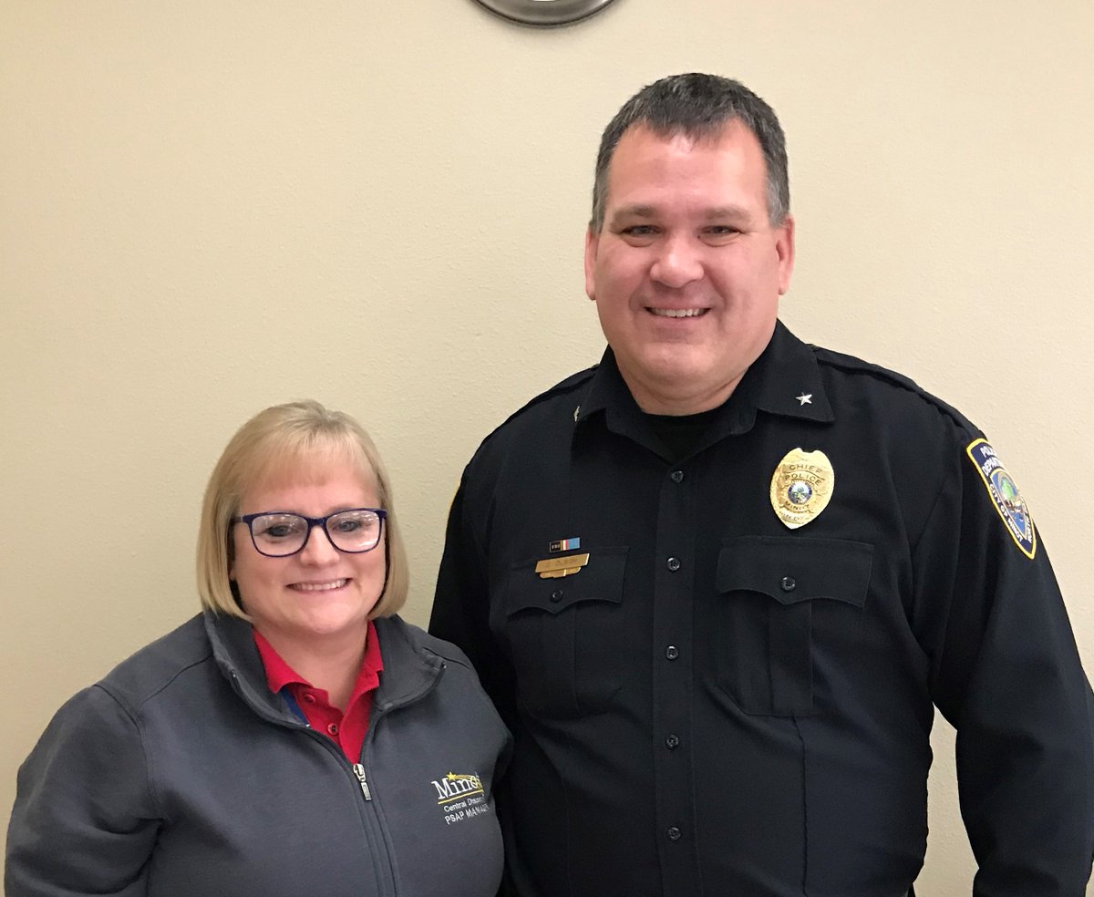 MinotPD's tweet photo. Today we officially congratulate Chief Olson and PSAP Manager McPeak on their retirements. Between the both of them, they served Minot for over 63 years! Thank you both for your service, leadership, and friendship to many of us. #TimeToGoFishing #NextChapter. https://t.co/V9H2kS8gje