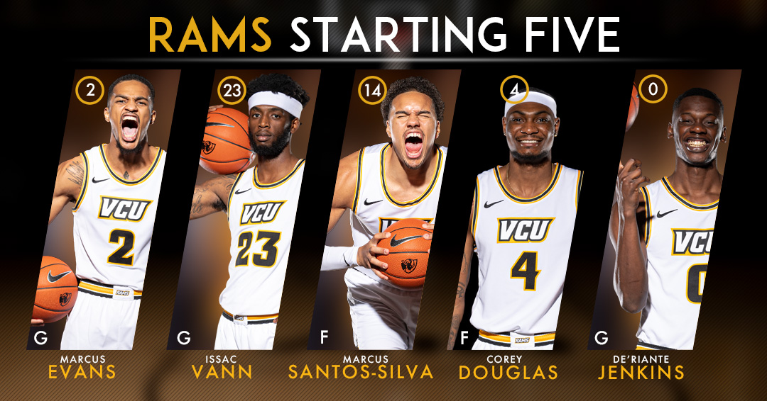 VCU_Hoops's tweet photo. Here's tonight's starting five. Corey Douglas will make his first start of the season. 

#ThisIsRamNation #LetsGoVCU https://t.co/0c3Y2L2vG3