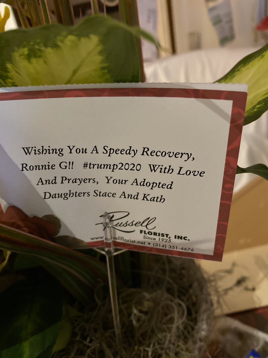 🇺🇸🇺🇸Lesley🇺🇸🇺🇸 (@lesbug13) on Twitter photo My retired AF Vet Dad is ill and just had a very serious surgery on his pancreas. He’s 82 but watching the rally in ICU last night. Rec’d this floral today w/card. My 82-year-old Mom told me to “tweet it to the Donald!” She just learned to text. 😂❤️ <a href="/realDonaldTrump/">Donald J. Trump</a> #TRUMP2020 My retired AF Vet Dad is ill and just had a very serious surgery on his pancreas. He’s 82 but watching the rally in ICU last night. Rec’d this floral today w/card. My 82-year-old Mom told me to “tweet it to the Donald!” She just learned to text. 😂❤️ <a href="/realDonaldTrump/">Donald J. Trump</a> #TRUMP2020