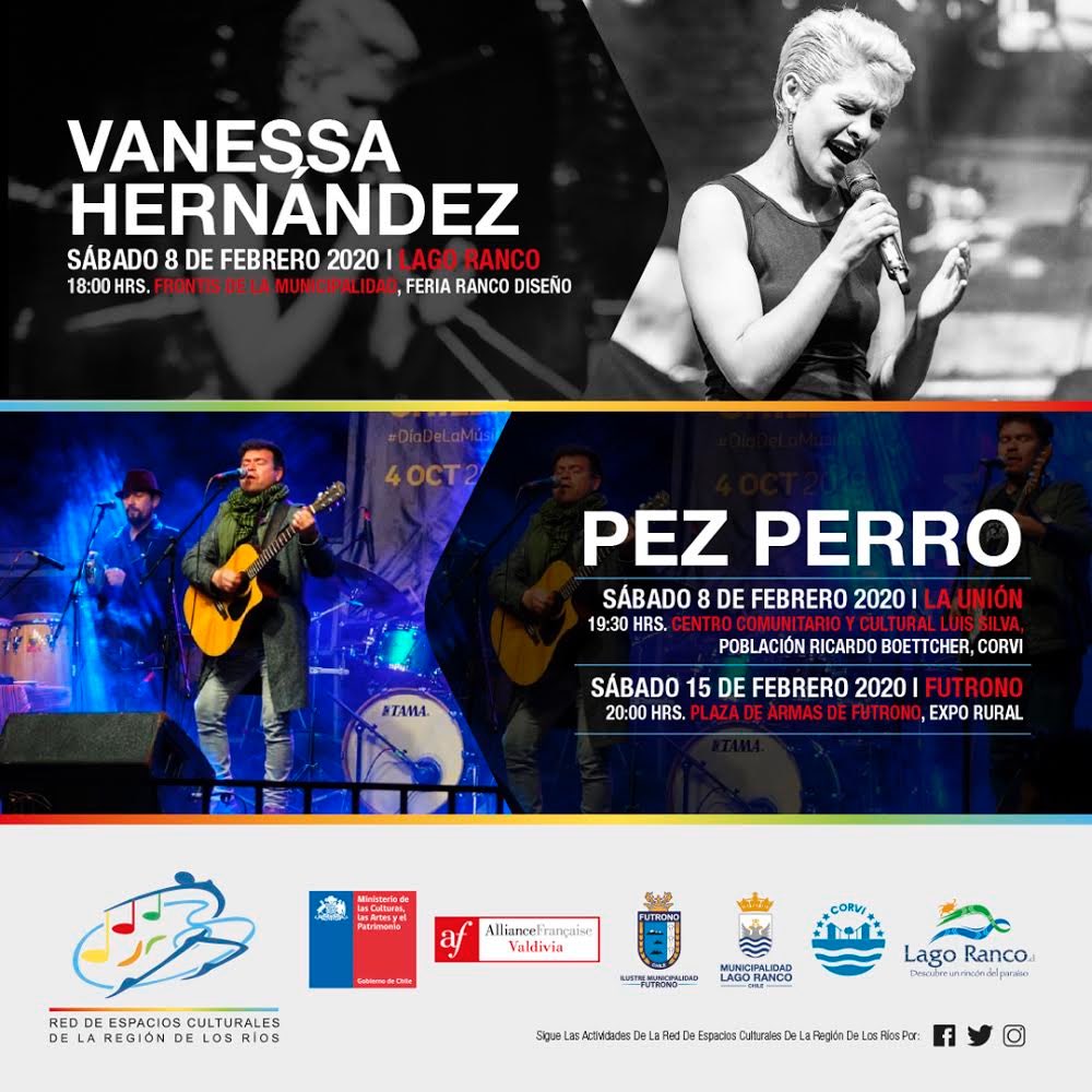 RedEspaciosCult's tweet photo. 3 fantásticos panoramas musicales confirmados, En donde podrán disfrutar de la voz de la talentosa Vanessa Hernández en  #LagoRanco sábado 8 de febreroy todo el ritmo de Pez Perro para los día 8 y 15 de febrero en #LaUnión y #Futrono respectivamente.@culturaslosrios https://t.co/JAk8lX7T0L