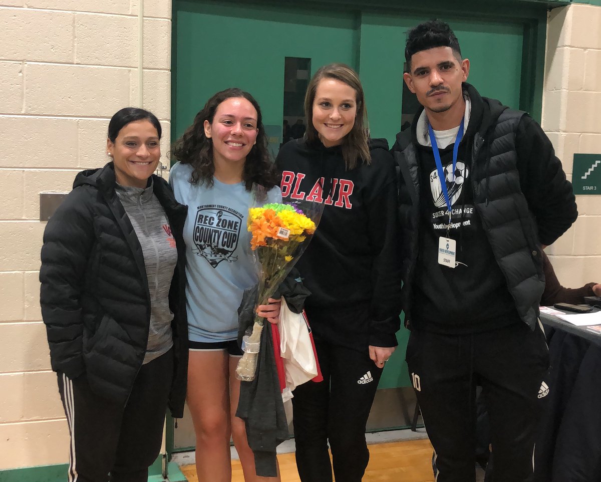 MoCoRec's tweet photo. Shoutout to Delaney (second from left), one of our Youth Development #RecZone, #Soccer4Change (S4C), and futsal participants! She just accepted an athletic scholarship to play soccer at Washington Adventist University next year. https://t.co/tAFRLDG1rU