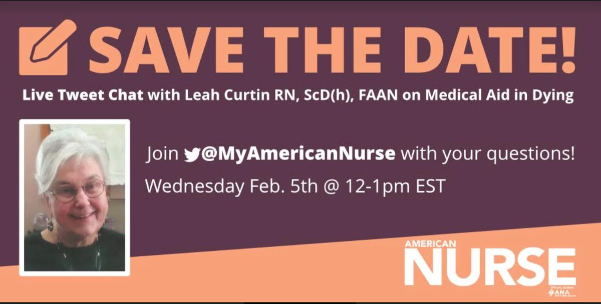 RobinCogan's tweet photo. @MyAmericanNurse is getting pumped for their first #MyNurseChat next week! Are you going to be there?
Join in the #LiveTweetChat about a nurse’s role in medical aid in dying. Share your opinions on this important topic in #nursing. #MAID #assistedsuicide https://t.co/5H4mqMxyxq