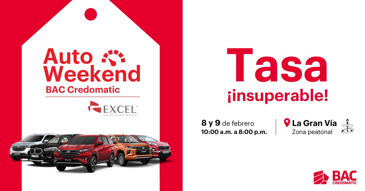 BACCredomaticSV's tweet photo. 🤩 ¡Se viene el #AutoWeekend de #BACCredomatic! 🤩
TODAS las marcas de @excelautomotrizSV estarán para ti. Tendremos la cuota más baja del mercado, una tasa ¡insuperable! y más sorpresas.
Más información aquí: https://t.co/esfe5f5o1B https://t.co/6TUOfU5G1X