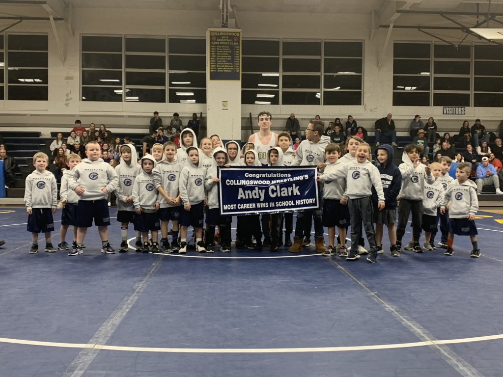 CHSAthletics9's tweet photo. Congratulations to @thatdudeandy09 for breaking the Collingswood High School all time record for wins with his win tonight verse Audubon. #rollcolls https://t.co/xHNtp9fV04