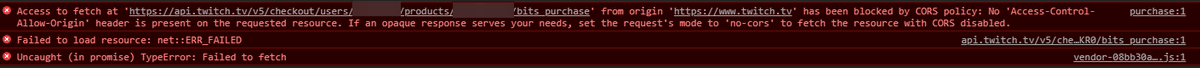 Chrome DevTools image showing CORS issues on Twitch's bit payment page