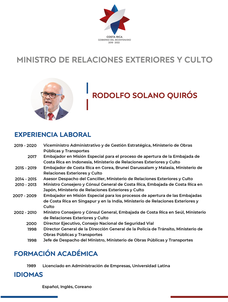 He nombrado a Rodolfo Solano Quirós como el nuevo Ministro de Relaciones  Exteriores y Culto. Sé que con su amplia trayectoria en la función pública  y en las relaciones internacionales representará de
