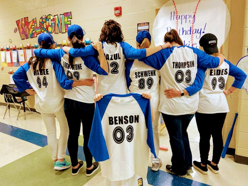 jenmagee1's tweet photo. What a fun day!! THANK YOU @MrsMazul for the awesome shirts & @KateLightstone for all the fun and inspiration celebrating #JackieRobinson on his birthday. We had a BALL!!😆⚾🧢 Thank you #42 for your drive, grace, and inspiration! I love my team!🥰 #sharonstrong #strengthinumbers https://t.co/qjgS7Rp2Or