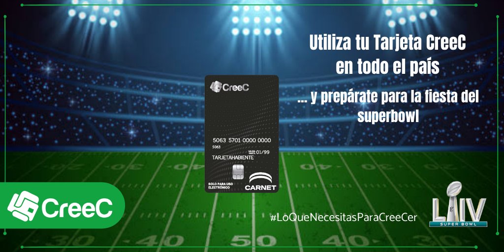 Prepárate para la gran fiesta del superbowl con tu Tarjeta CreeC este fin de semana.🏈🏟
#CreeContigo #SuperBowl 
Visita nuestra página en línea: creectarjetaempresarial.com