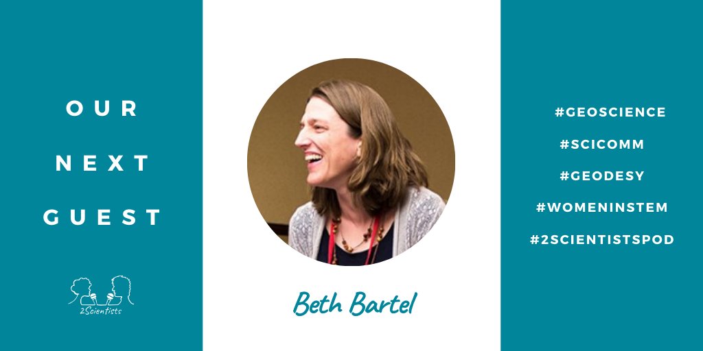 A profile headshot of Beth Bartel facing to the right. With the hashtags: geoscience, scicomm, geodesy, women in STEM and 2 Scientists pod