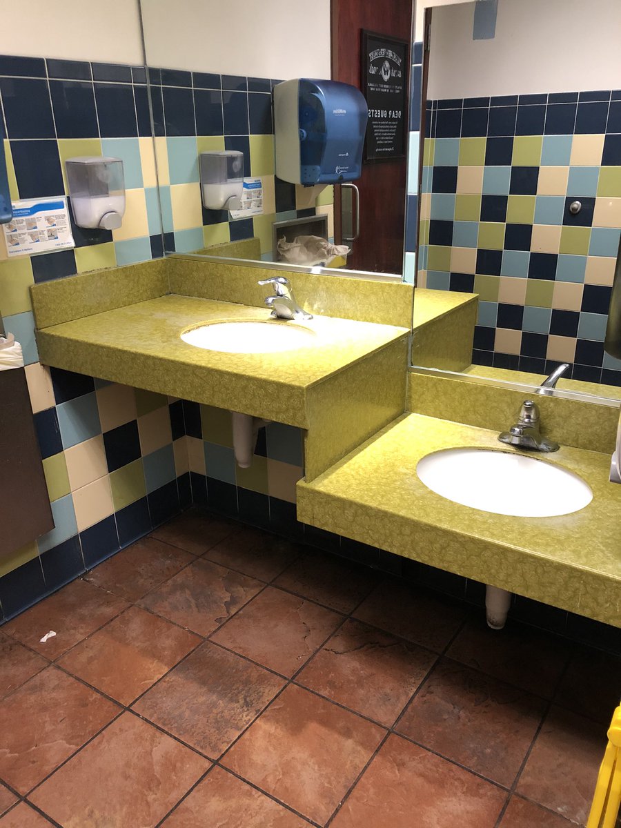 bathroomsandme's tweet photo. Double decker sink for all heights. What was nice is the adult side is so close to the paper towel dispenser, the motion sensor reads you and and spews out a towel while you’re washing! 

#bathroom #properhygiene @redrobinburgers https://t.co/M1TxzuZh3L