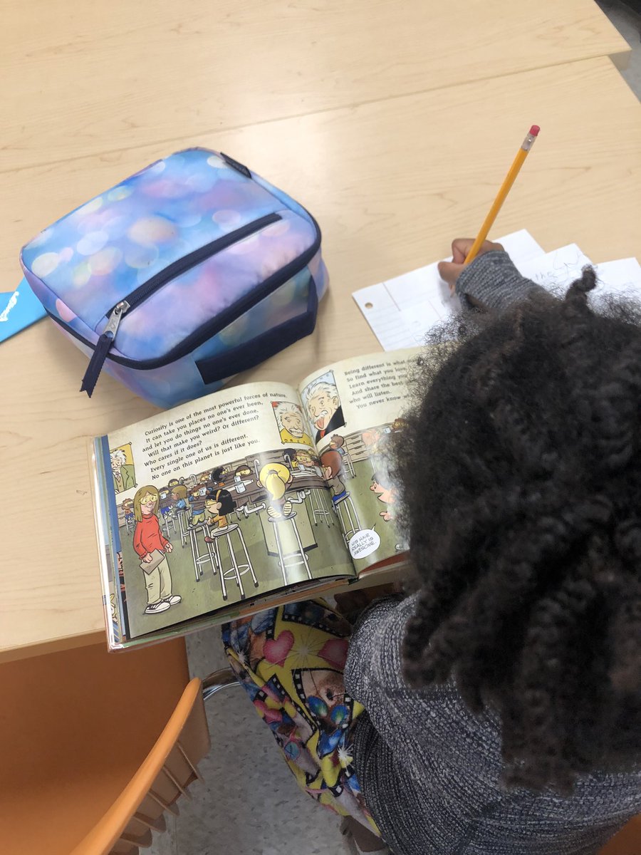 BRESmedia's tweet photo. A 2nd grader using her Makerspace time to learn more about Albert Einstein. The phrase she wrote at the top of her paper...keep asking questions. #slmp19 https://t.co/CKEVZAN1PO