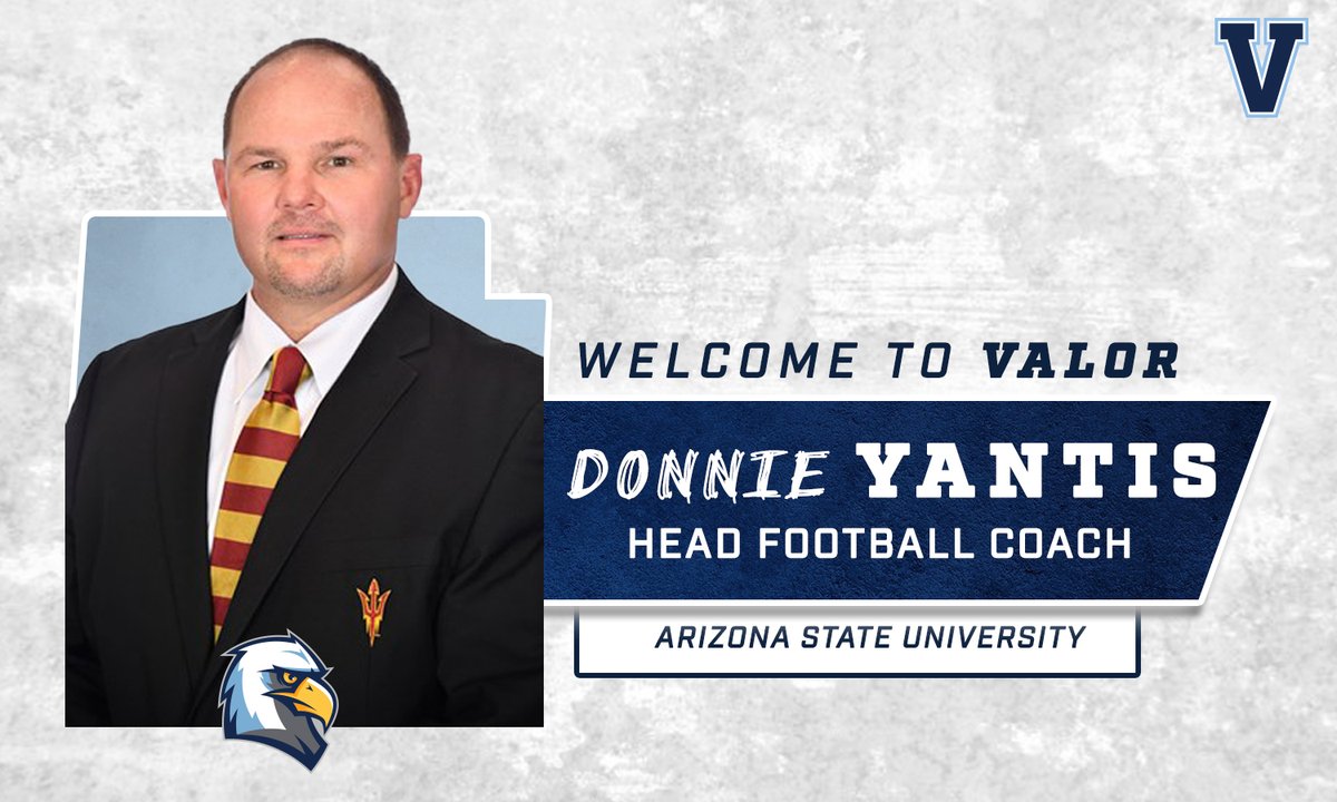 ValorAthletics's tweet photo. Valor Christian High School is excited to welcome former Arizona State University Assistant Coach @donnieyantis as our new Head Football Coach! Read the official press release here: https://t.co/I9BqDAO6ZL
@Valoreagles @CHSAA @JeffcoAthletics @RhondaCHSAA   @adidasMeg @CoachBonn https://t.co/TUbnjMtSCl