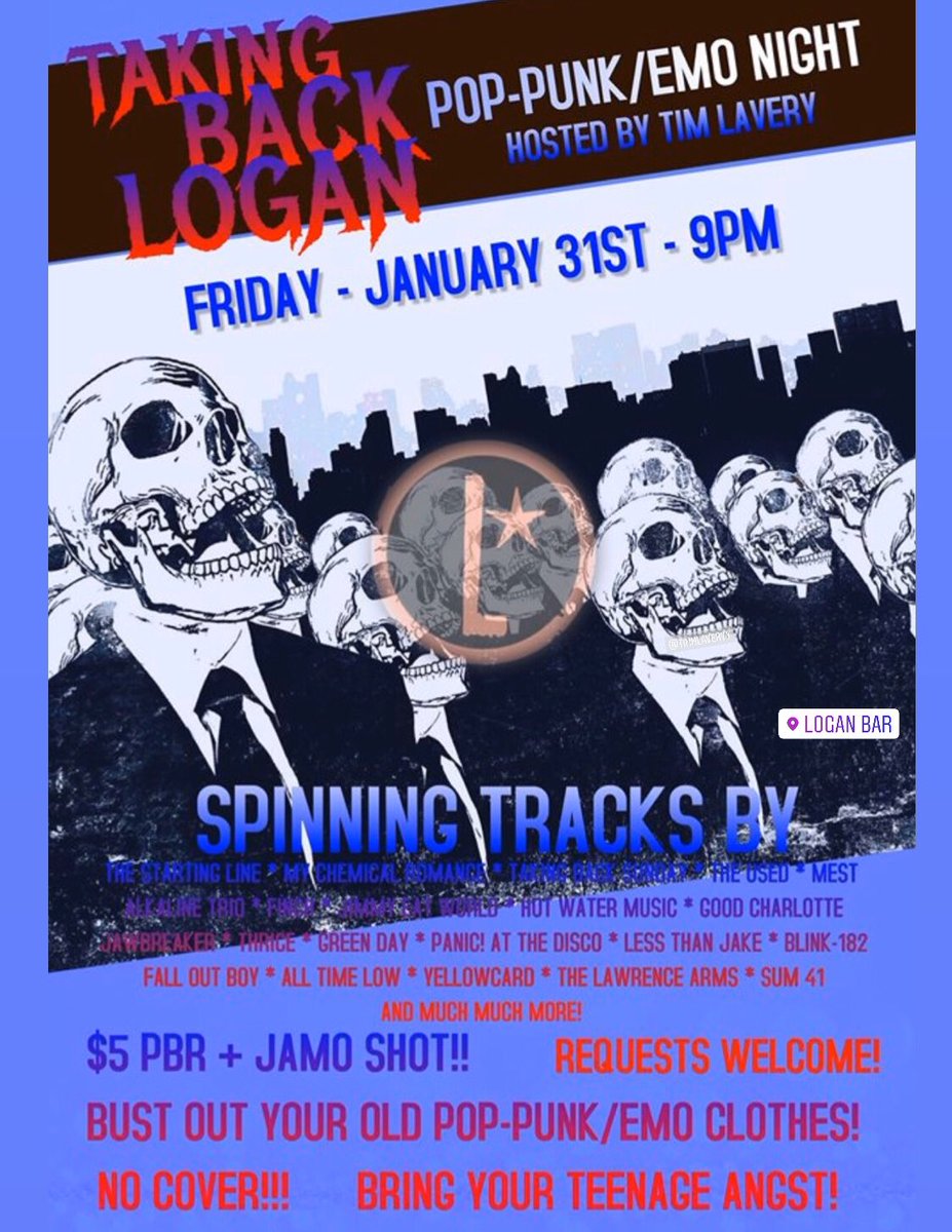 Loganbar's tweet photo. TONIGHT! Come through for a night of nostalgia at pop-punk / emo night! Drink specials all night and NO cover. We’ll be spinning all your favorites and REQUESTS ARE WELCOME! 🤘🏽 @timmlaveryy #emonight #poppunk #chicago #FridayFeeling https://t.co/Uw6VcWnwGr