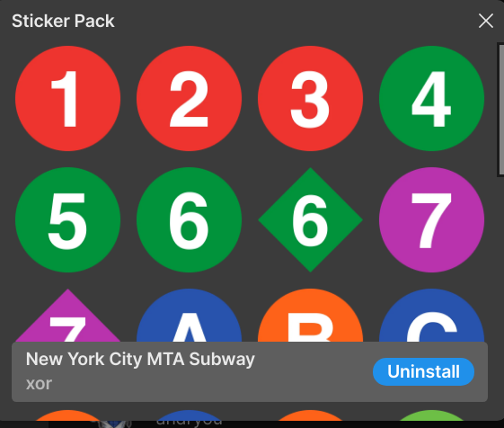 Screenshot of a Signal sticker pack showing the New York City subway bullets