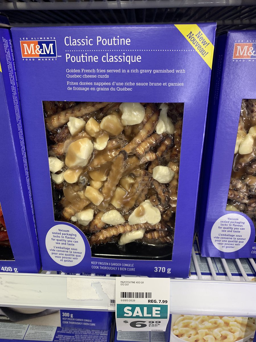 Vacuum-sealed pre-packaged frozen poutine labelled “classic poutine” and claiming to be made with “golden french fries served in a rich gravy garnished with Quebec cheese curds”.