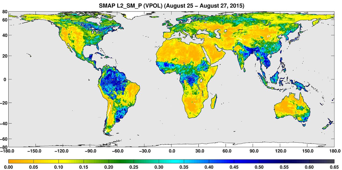 
A three-day composite global map of surface soil moisture as retrieved from SMAP's radiometer instrument between Aug. 25-27, 2015. Dry areas appear yellow/orange, such as the Sahara Desert, western Australia and the western U.S. Wet areas appear blue, representing the impacts of localized storms. White areas indicate snow, ice or frozen ground. Credit: NASA/JPL