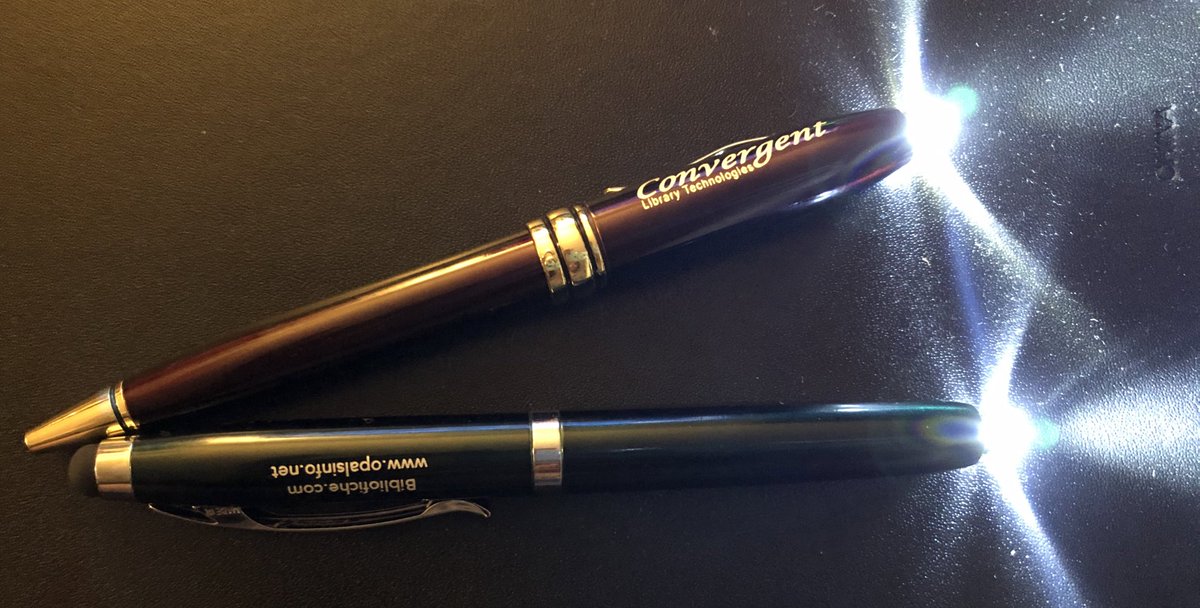Malecasta's tweet photo. #ConferencePenContest: in the Pen Light category, we have a tie. Convergent Library Technologies and Bibliofiche both have beauties that are heavy, write smoothly, and have bright pen lights. These are going to live in my car. #olasc #olasc2020 https://t.co/GvUGMOv76Z