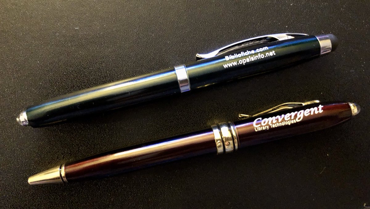 Malecasta's tweet photo. #ConferencePenContest: in the Pen Light category, we have a tie. Convergent Library Technologies and Bibliofiche both have beauties that are heavy, write smoothly, and have bright pen lights. These are going to live in my car. #olasc #olasc2020 https://t.co/GvUGMOv76Z