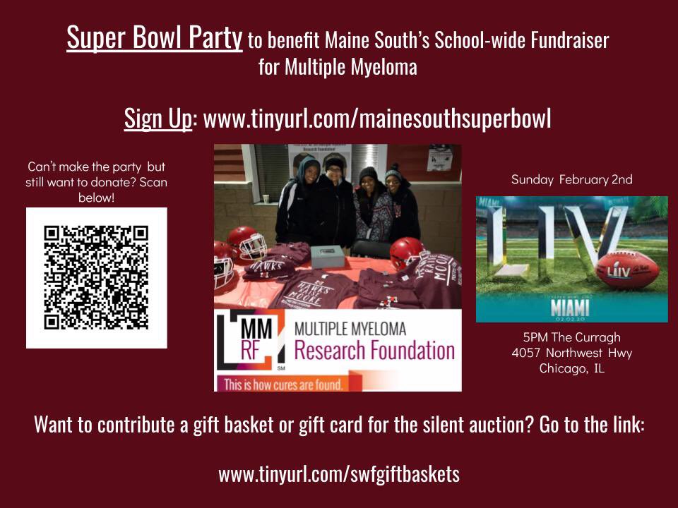 Want to do something fun and philanthropic for the Super Bowl? Come to the Curragh in Edison Park to help raise money for Maine South’s school-wide fundraiser. Can’t come but still want to buy squares or raffle items? See the links!
32auctions.com/MM2020
tinyurl.com/mainesouthsupe…