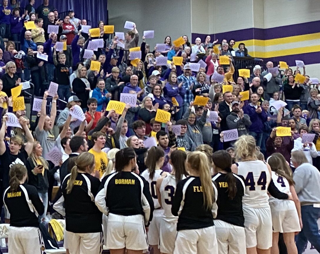 The Central Lyon fan base congratulates girls’ basketball player Hayden Heimensen on reaching 1,000 points scored during the home game against Sioux Center Friday, Jan. 31.