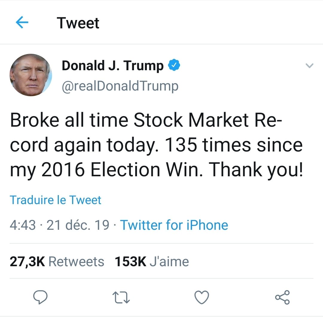 Trump se vante très souvent d'être responsable de la hausse des marchés boursiers américains. C'est d'ailleurs un de ses critères favoris pour prouver à quel point sa politique économique est performante...