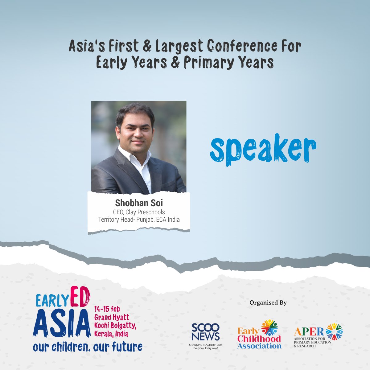 EarlyEdAsia's tweet photo. Honoured to have Shobhan Soi, CEO, Clay Preschools &amp; Territory Head - Punjab, ECA India as a speaker at #EarlyEdAsia 2020 - Asia's Largest Conference for Early Years and Primary Years. To participate, register at https://t.co/CY1tQIX21E @ecaorg
#EEA2020 #OurChildrenOurFuture https://t.co/8RkgjvAGoo