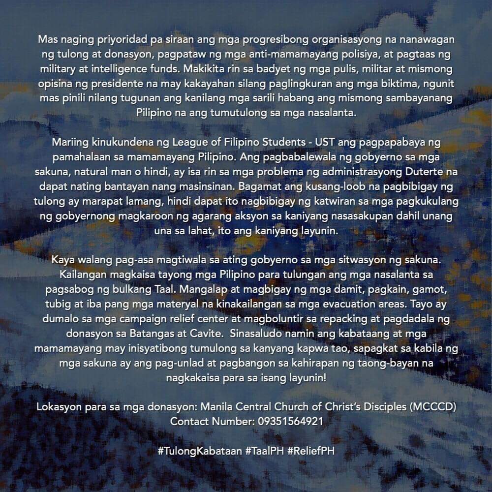 LFSUST's tweet photo. OPISYAL NA PAHAYAG NG LFS-UST UKOL SA PAGSABOG NG BULKANG TAAL
#TulongKabataan 
#TaalPH https://t.co/ha2uEOTNMS