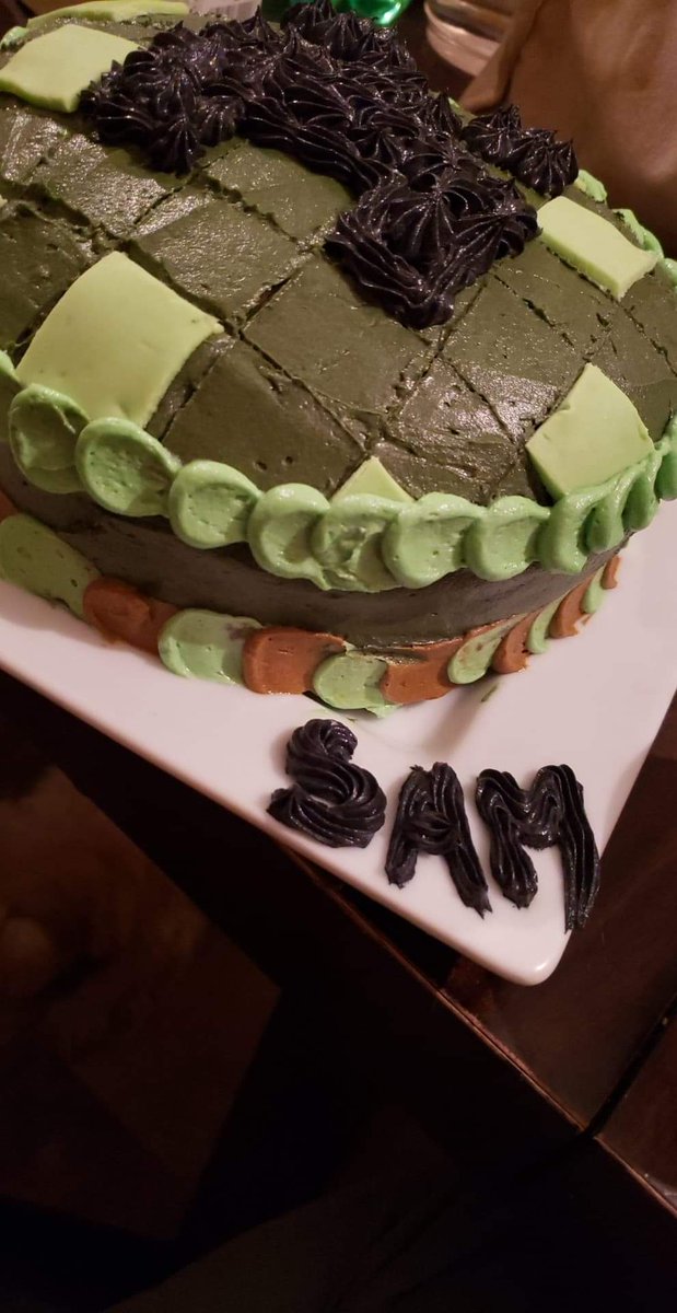 Sam's 8th birthday party tomorrow. My attempt at a minecraft creeper cake.