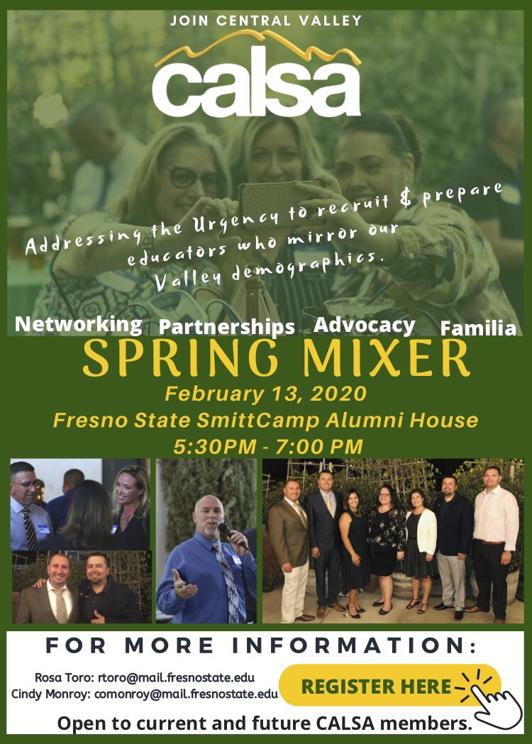 GuidingOutcomes's tweet photo. Join me and our #CVCALSA board on February 13th 5:30- 7pm @Fresno_State SmittCamp House for an evening of networking, advocacy and free food and drinks! #share &amp; #invite your colleagues!  @CALSAfamilia @sauulsalinas @JennWitt_Silva @Nacho_PhD  RSVP HERE: https://t.co/mAKDoKc0jS https://t.co/RcTVeu4u1P
