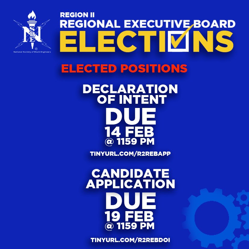 R2ComfortZone's tweet photo. 🚨 Attention Region II 🚨
Are you interested in serving the membership?!
Applications for the 2020-21 Regional Executive Board are now open! If you are interested in stepping up to lead the Model region, submit your Declaration Of Intent today! #NSBE #r2nsbe #modelregion https://t.co/TAIyS8esKW