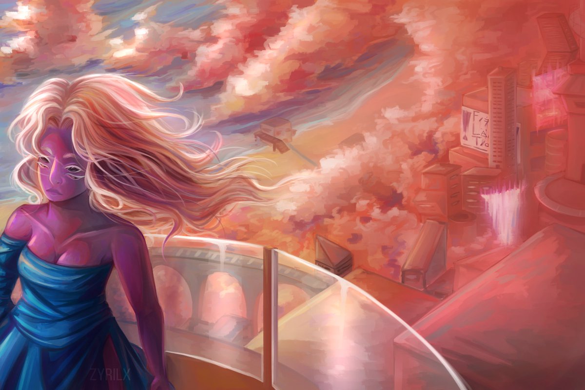 a digital painting of an alien girl standing on a balcony. she has purple skin, and white hair that is being blown to the right by the wind. below her is a city shrouded by clouds, and to the left of that city is a beach and then water. the painting is reddish, implying a sunset or sunrise is happening. the girl in question has four eyes, and she is calm and at peace in this moment.