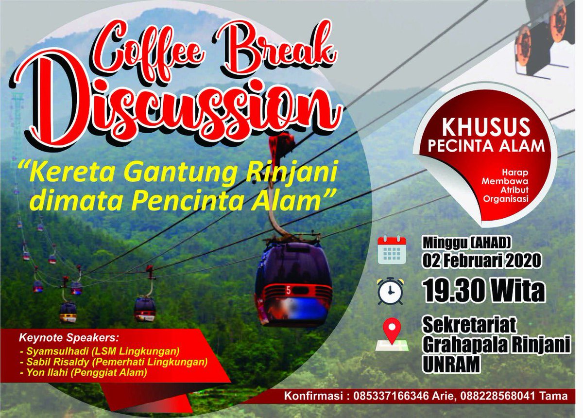 rinjanitrekker's tweet photo. Coffee Break Discussion
"Kereta Gantung Rinjani di mata Pecinta Alam"
Minggu, 02 Februari 2020 - Pukul 19.30 wita
Tempat Sekretariat Grahapala Rinjani Unram.
#rinjani #keretagantungrinjani #tolakkeretagantungrinjani #sispala #mapala #pecintaalam #infopecintaalam https://t.co/nyhlqQ52WP