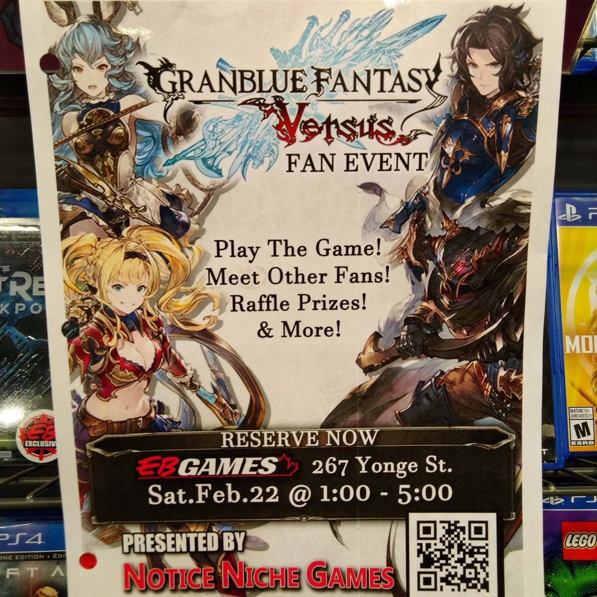 NNGToronto's tweet photo. Our poster is live at the flagship EBGames for our upcoming fan event for Granblue Fantasy Versus! 

Reserve the game now as copies release in stores on March 3rd! https://t.co/RxAbCXT5C3