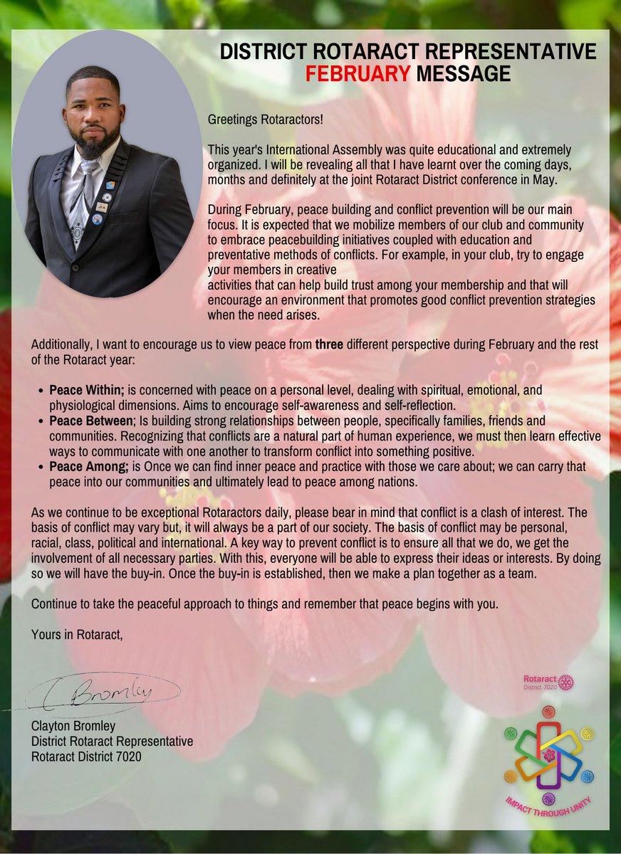 RotaractD7020's tweet photo. Please receive the DRR February message.
#UsePeaceWithConflict
#ImpactThroughUnity
#RotaractImpact
#RotaractUnity
#RD7020Unite
#RD7020Unity
#RD7020Impact https://t.co/HXy6oSmDU5