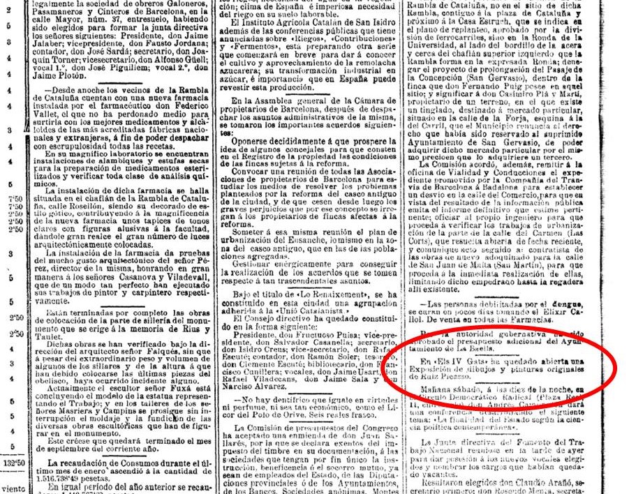 milenapir's tweet photo. Així quedava recollit a l'edició del divendres 02 de febrer de 1900 de @LaVanguardia: En "Els IV Gats" ha quedado abierta una Exposición de dibujos y pinturas originales de Ruiz Picasso. #hemeroteca #efemèride👉 https://t.co/yRPdbiCzz6 https://t.co/XQWHXCjTG3