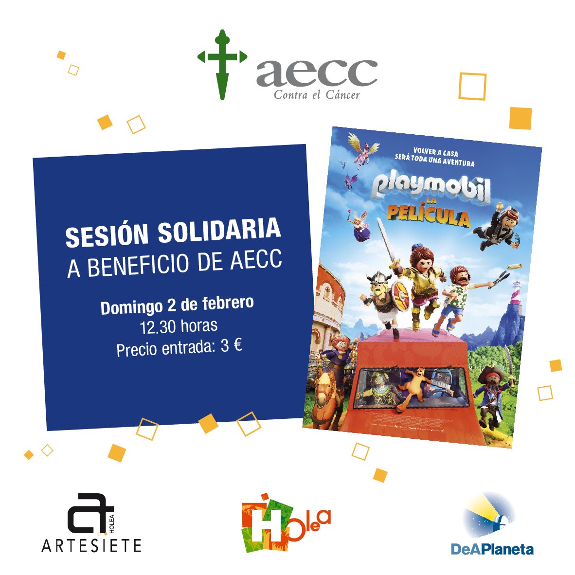 HoleaHuelva's tweet photo. ¡Consigue en nuestro Punto de Atención al Cliente tus entradas para la proyección mañana en @ArtesieteHolea de 'Playmobil: La película' de @DeAPlaneta y colabora con la @aecchuelva! ❤ 🎬🍿 #PlanazoHolea #HoleaPartedeTi #PartedeTi https://t.co/yTLyMJhdn3