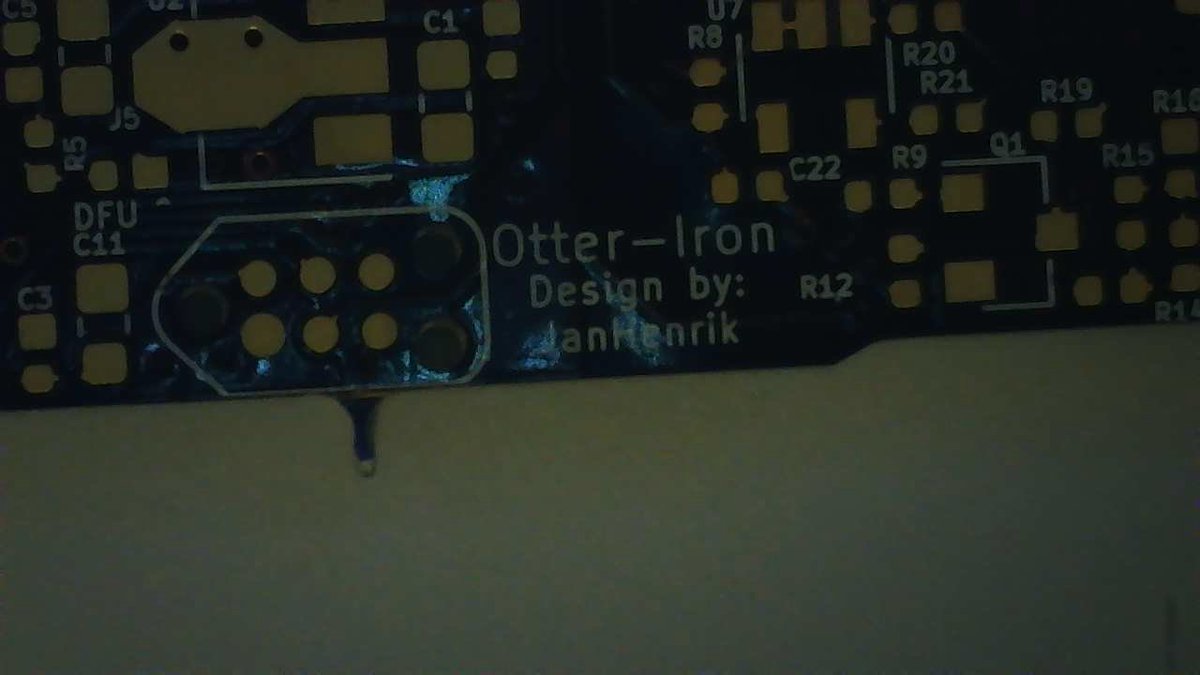 EnJens's tweet image. Finally received my @oshpark produced @JanHenrikH Otter-Iron remix. Still missing some parts, as well as a case for it. The remix is simple: 
Increase BOOT0 pulldown resistor, Hook up the pull-up resistor to BTN1 (PA3), so holding the btn while plugging in USB will go to DFU 1/