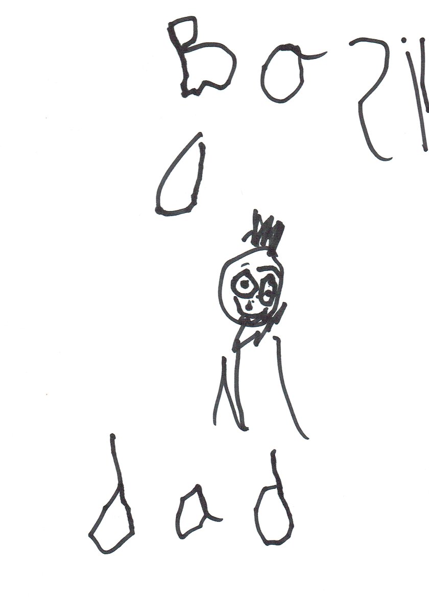 droneandamoeba's tweet photo. Basil draws 'Dad'. He opted to depict me with hair and a beard neither of which I have. The highlight was when he announced he had drawn my 'stupid nose'. #hourlycomicday #TweetsByBasil https://t.co/d6Xk5v5KJp