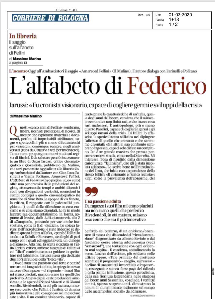 IarosOscar's tweet photo. Oggi a #Bologna “Amarcord Fellini. L’alfabeto di Federico” edito dal Mulino. Grazie a @librerieCoop, a Politano e Farinelli alla guida della @cinetecabologna che sta restituendo a nuova vita i capolavori del regista. E grazie ai colleghi della stampa: che accoglienza! #Fellini100 https://t.co/Y2DNf6Vch4