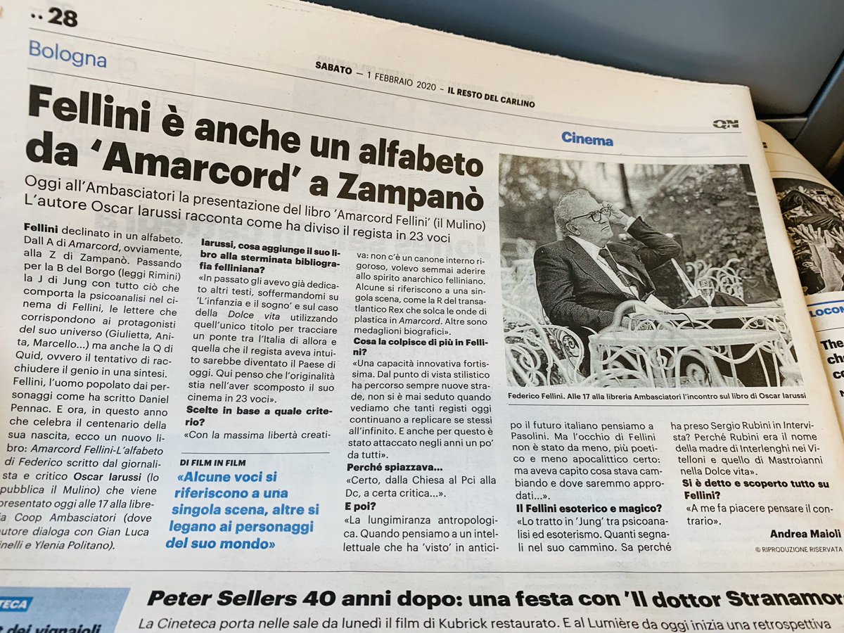 IarosOscar's tweet photo. Oggi a #Bologna “Amarcord Fellini. L’alfabeto di Federico” edito dal Mulino. Grazie a @librerieCoop, a Politano e Farinelli alla guida della @cinetecabologna che sta restituendo a nuova vita i capolavori del regista. E grazie ai colleghi della stampa: che accoglienza! #Fellini100 https://t.co/Y2DNf6Vch4