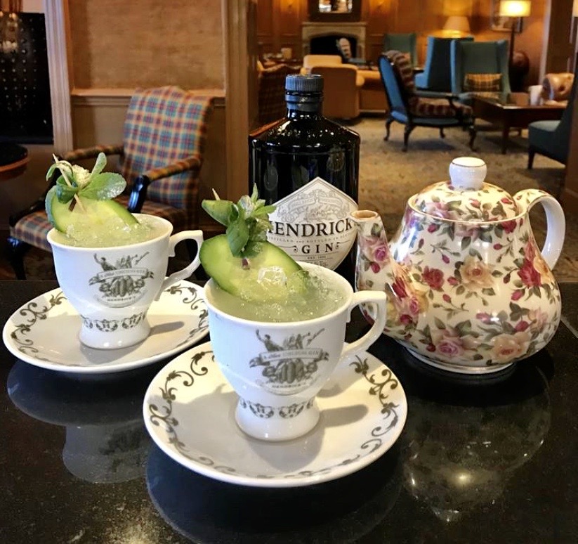 Our February Cocktail of the month is a delightful treat for two people - two gin cocktails served in pretty tea cups. Enjoy Hendricks Gin, sugar syrup &amp; lemon juice topped up with your choice of lemonade or tonic, &amp; garnished with cucumber &amp; mint. #dalmahoy #cocktailofthemonth