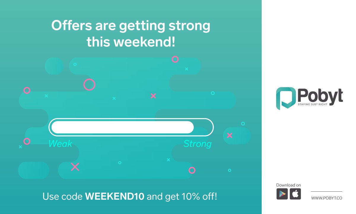 Pobytapp's tweet photo. Don't give a weak end to your #weekend! Book hourly #hotels with the code WEEKEND10 and get 10% off!

Download the #Pobyt app : https://t.co/IXbf0g4lsR.

#Microstays #PayPerMinute #HotelPerMinute #DayUse #Travel #PayLess #HourlyHotels #HourlyStays https://t.co/3JFEgdoAgJ