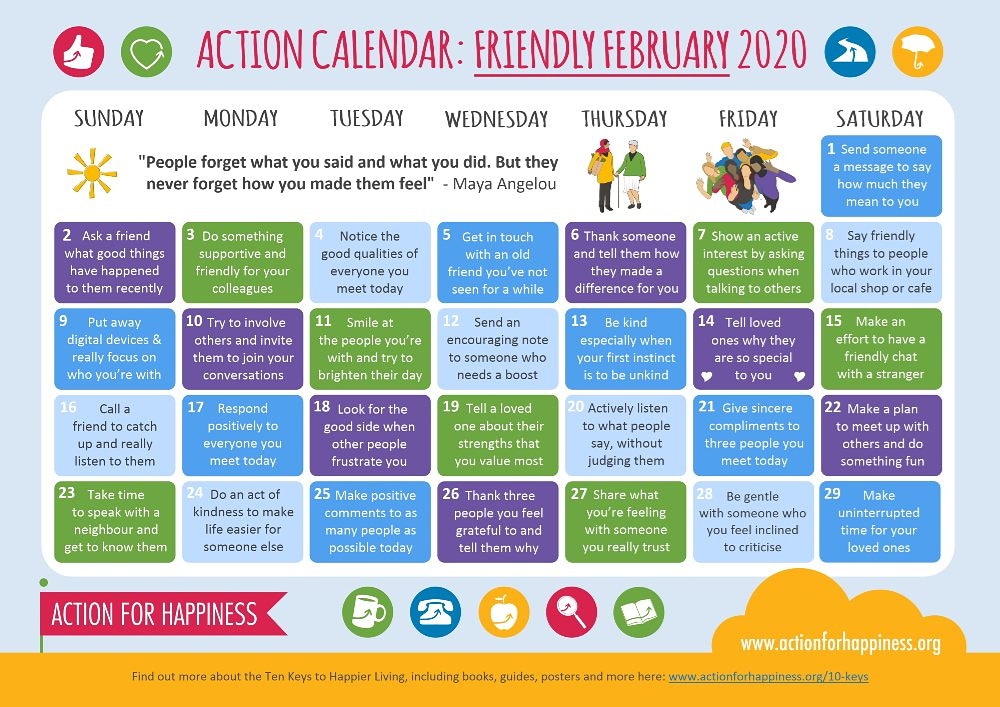 HrFluff's tweet photo. Let's share Friendship and boost our relationships *

This Friendly February Action Calendar has daily suggested actions to do throughout February 2020  to bring happiness to others and improve your relationships. https://t.co/2F8ZzEyWZQ