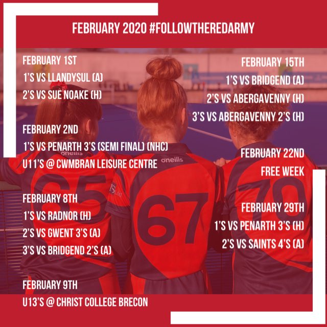 RhonddaLadies's tweet photo. #FebruaryFixtures 👇🏼🏑 

Kicking off today with 1’s vs Llandysul &amp; 2’s vs Sue Noakes! 

#squad #hockeysaturdays #seniors #youth #fixtures #support #followtheredarmy #redarmy #hockeyfamily https://t.co/VHYlIYX4Wn