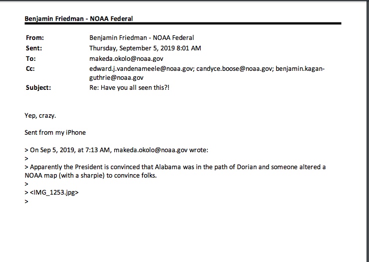 ANOTHER BIG find in NOAA Dorian emails by  @chrisgeidner on P. 563NOAA's Makeda Okolo: Apparently the President is convinced that Alabama was in the path of Dorian and someone altered a NOAA map (with a sharpie) to convince folksNOAA's Deputy U/S for Operations: Yep, crazy